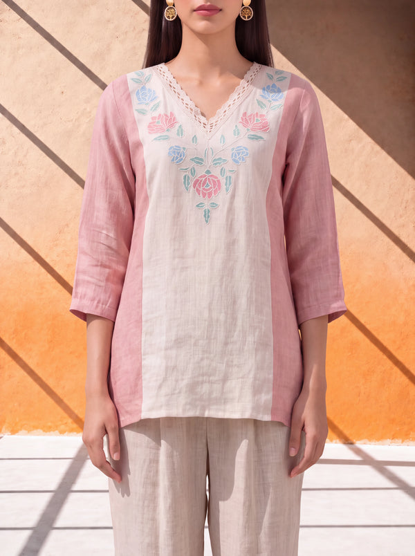 Peach gauze linen coordinate set with lace and yoke embroidery