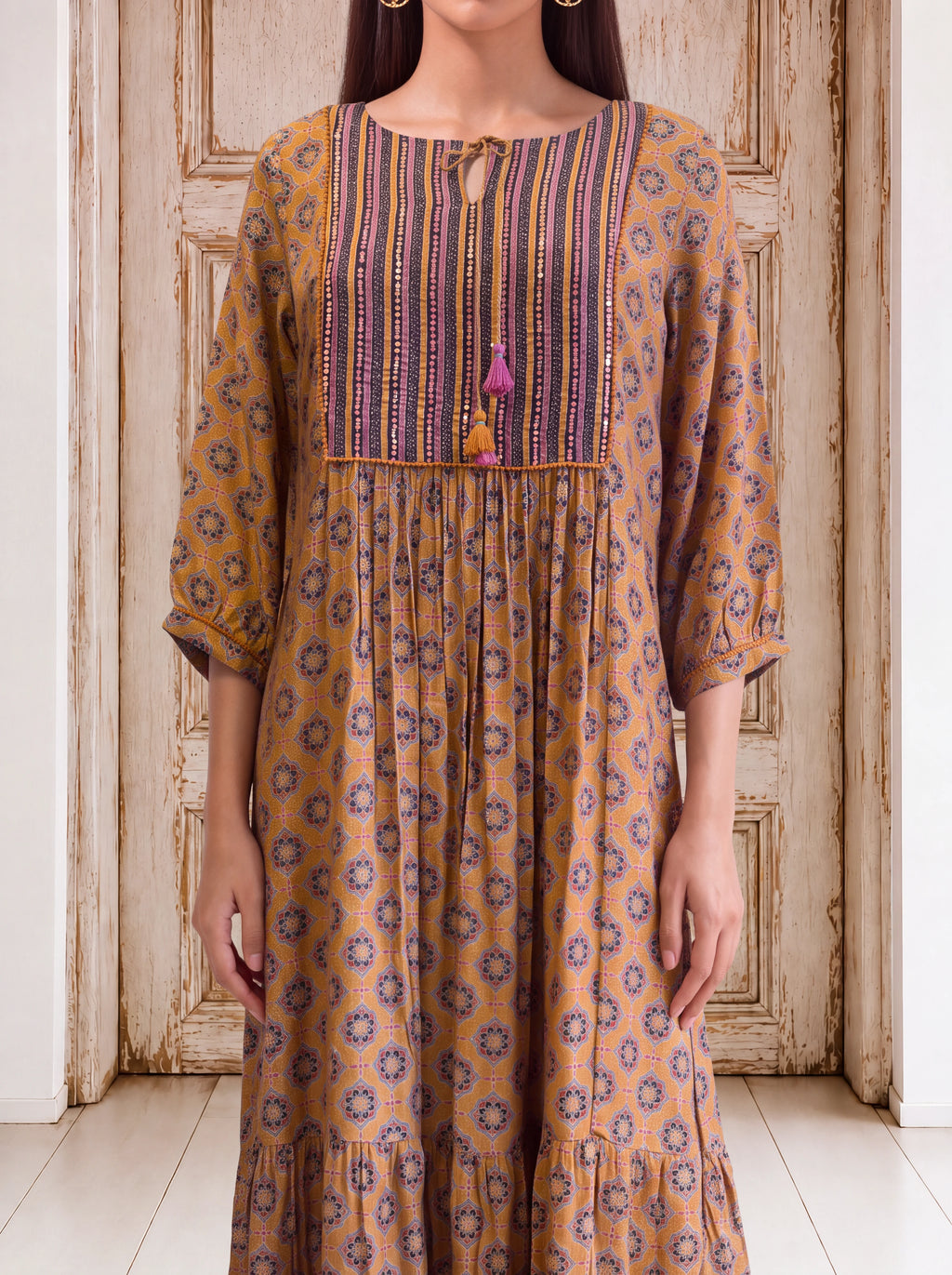 Mustard crepe khat-embroidered tassel-detailed fusion dress
