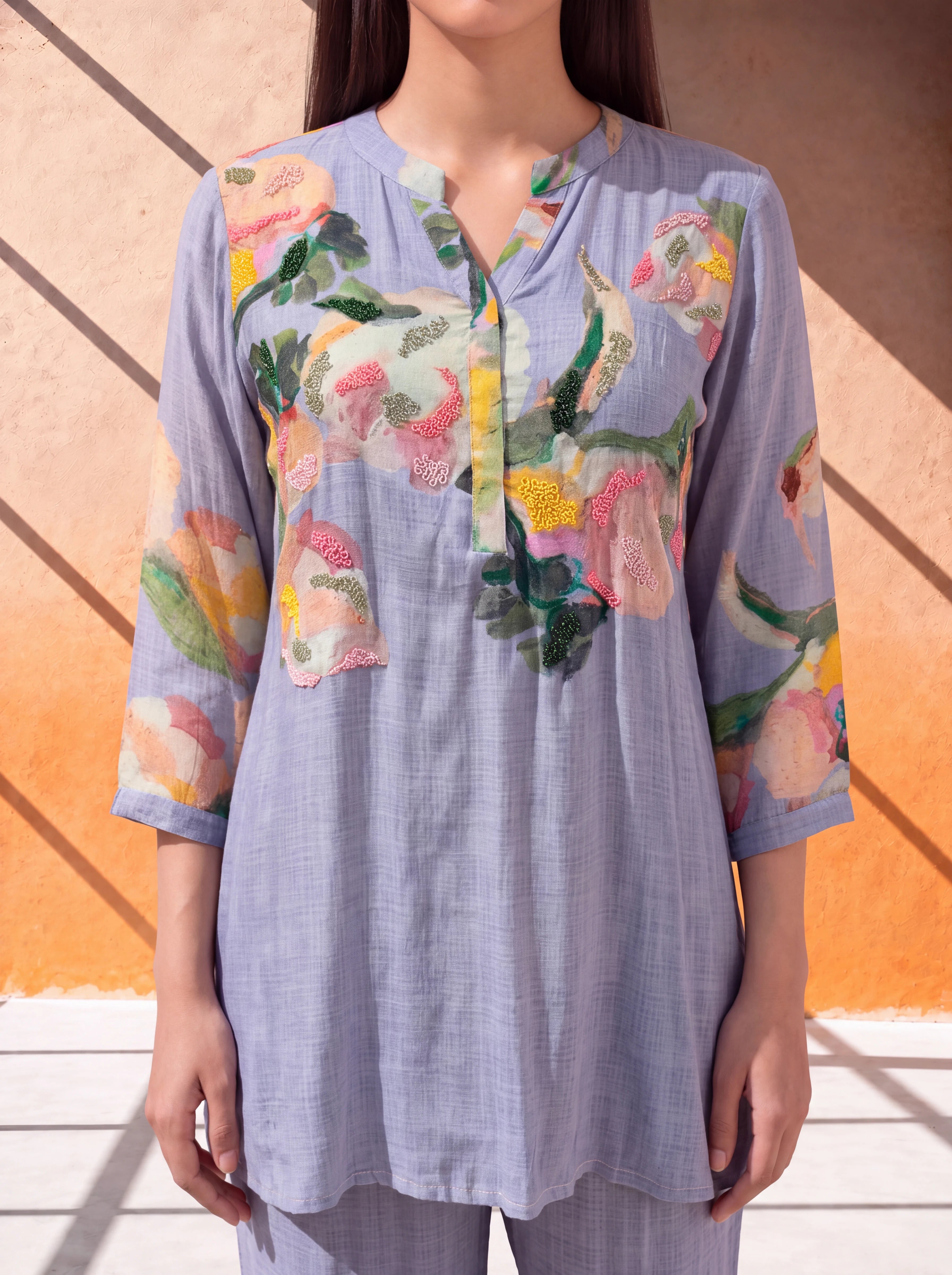 Blue cotton-silk coordinate set with floral khat and kardana embroidery Secondary image