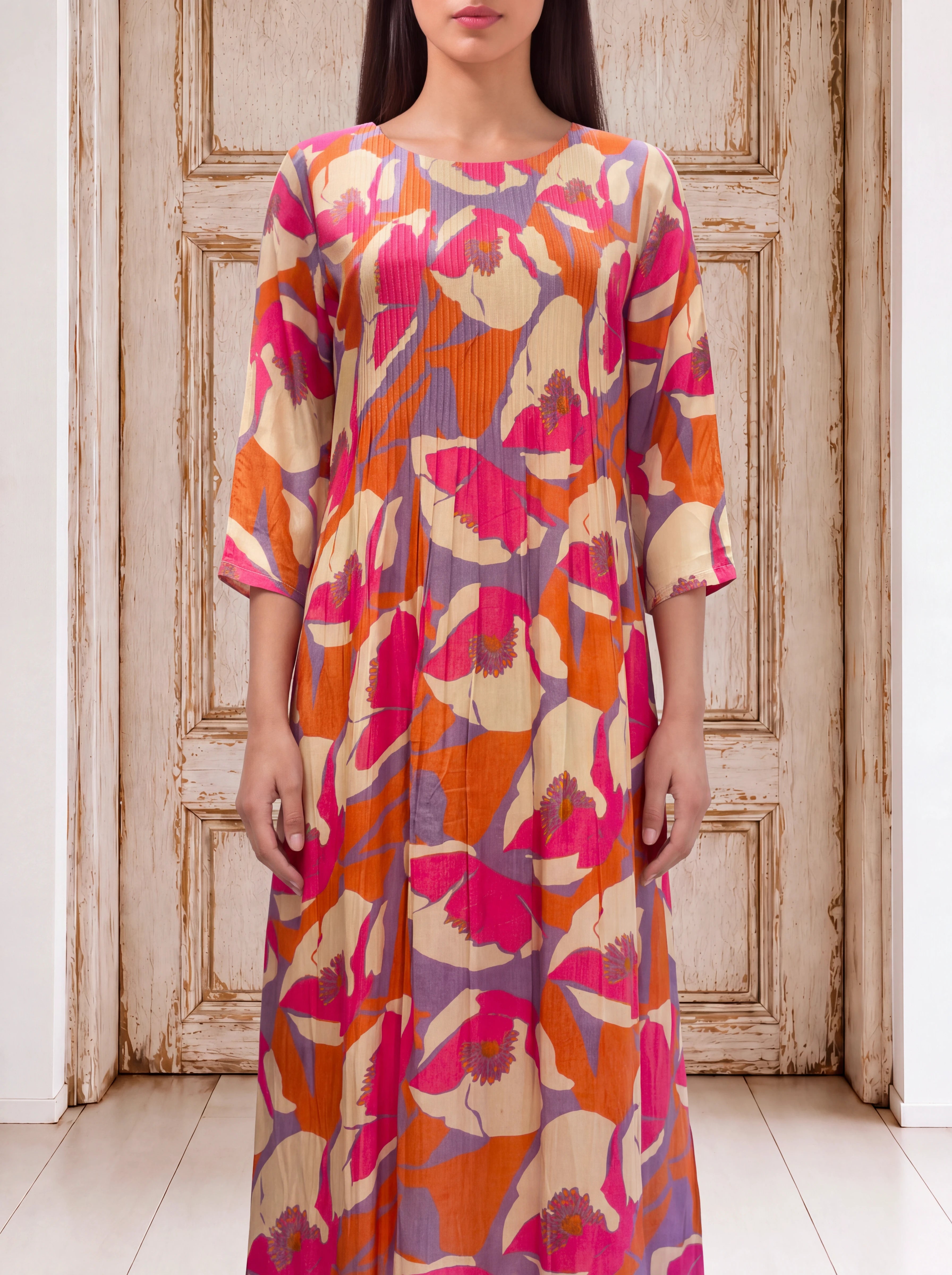 Orange crepe abstract floral pleated fusion dress Secondary image