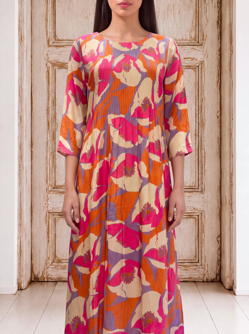 Orange crepe abstract floral pleated fusion dress