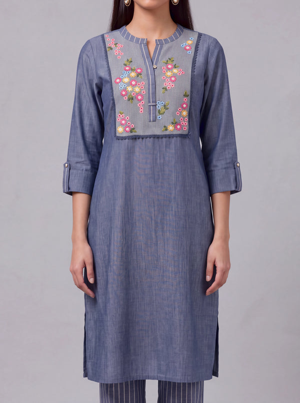 Blue cotton thread embroidery kurta set