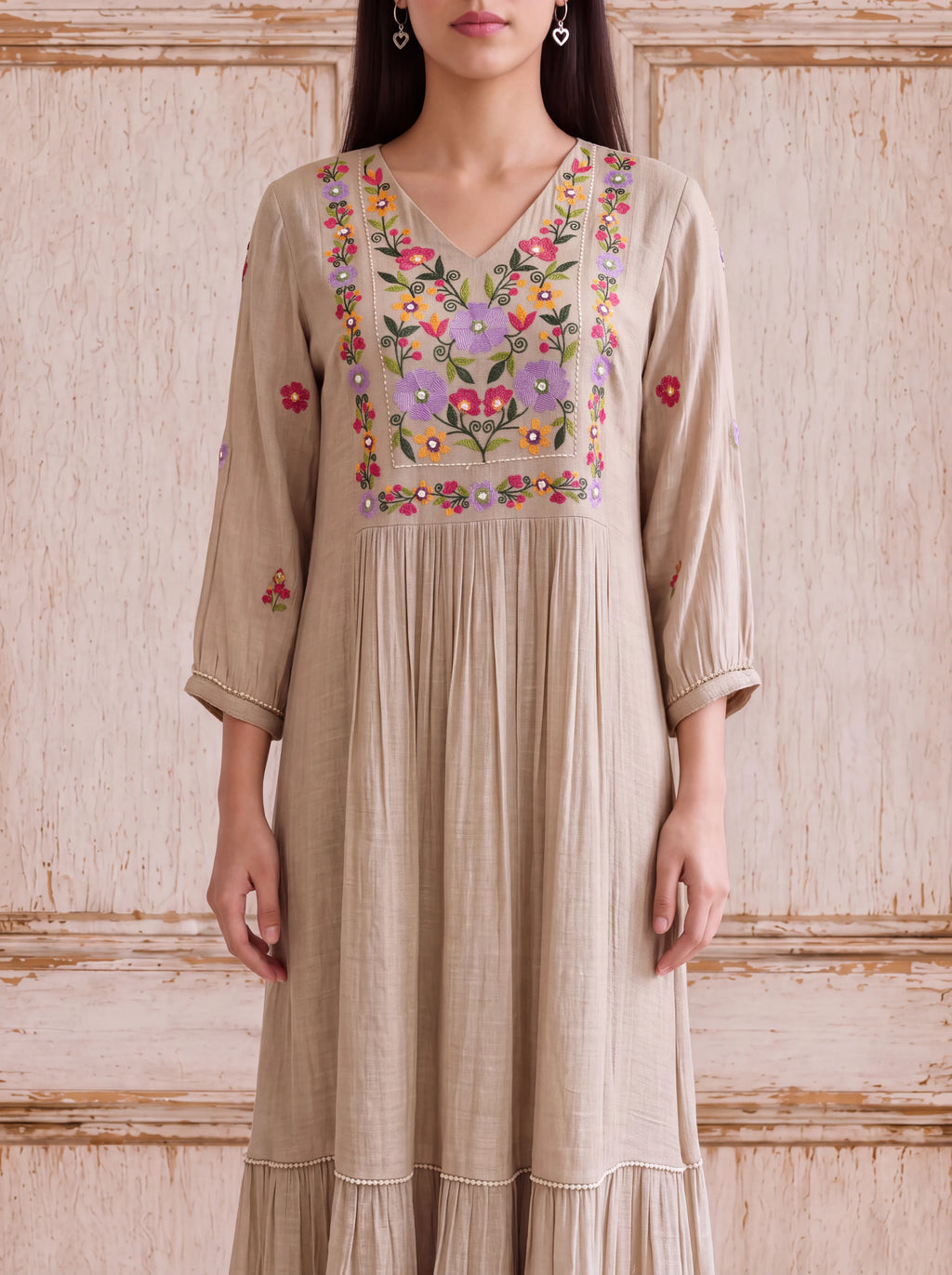 Natural viscose floral khat-embroidered tiered fusion dress