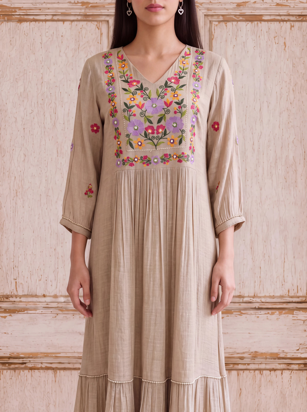 Natural viscose floral khat-embroidered tiered fusion dress