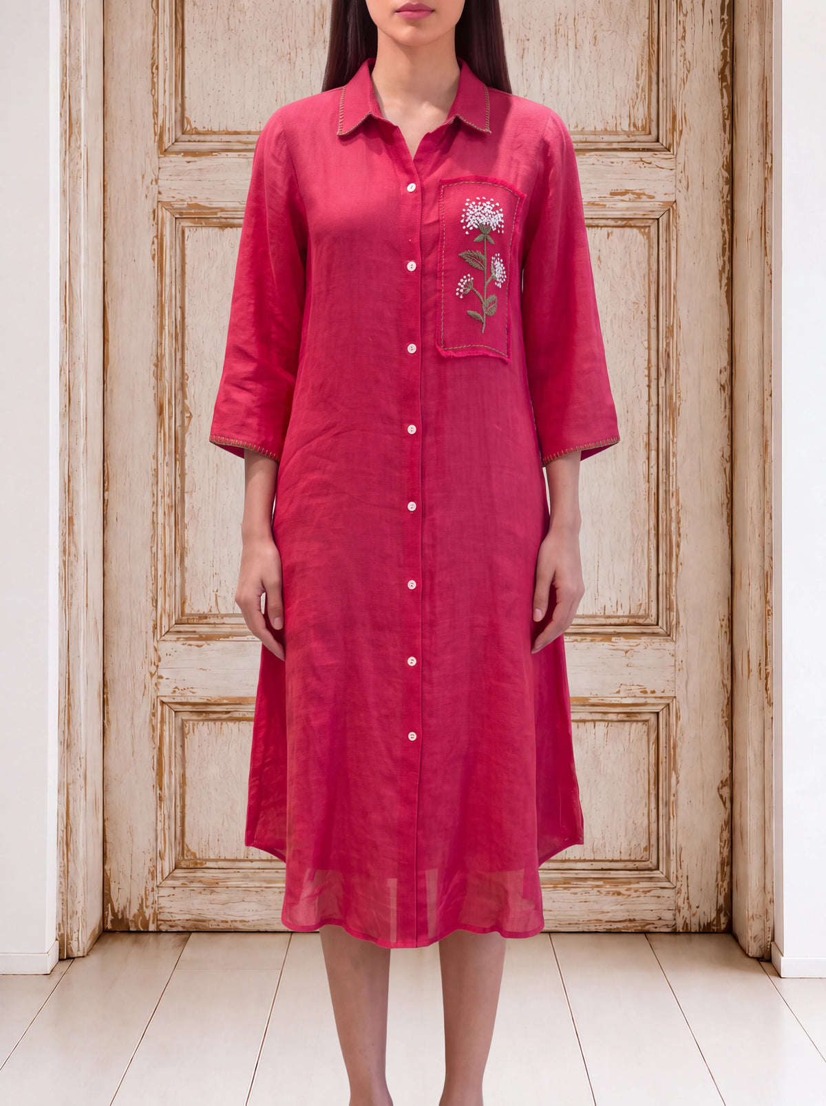 Red linen patchwork khat-embroidered dress
