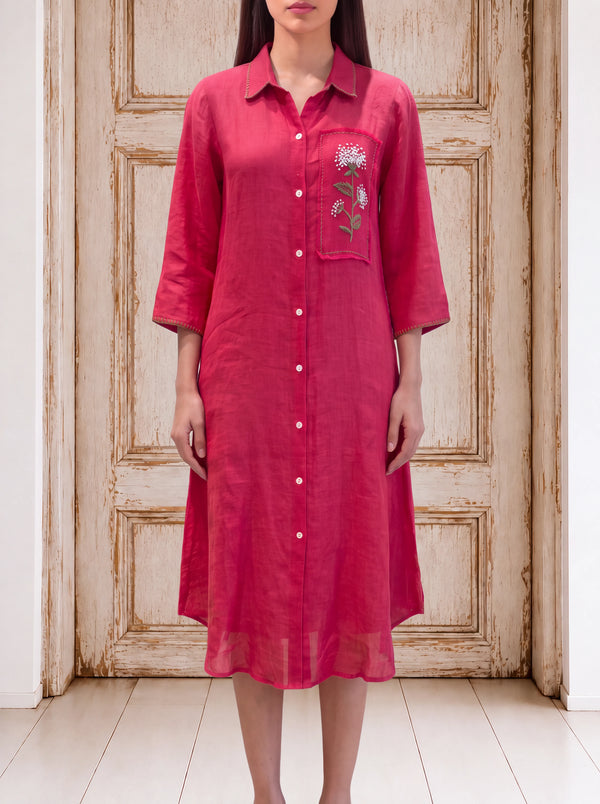 Red linen patchwork khat-embroidered dress