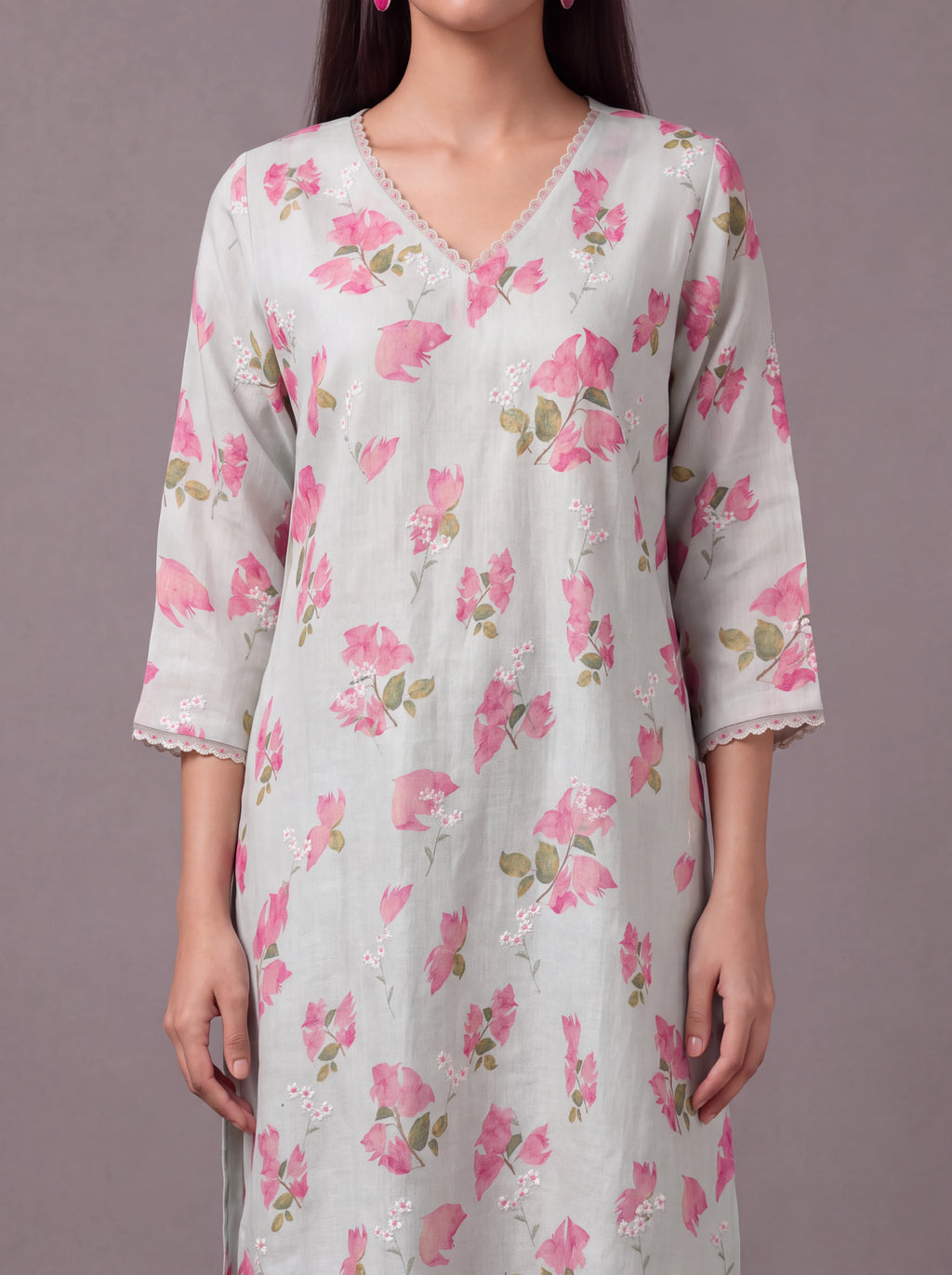 Mint linen thread embroidery kurta set