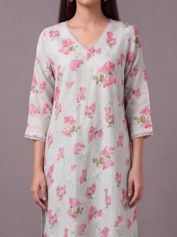 Mint linen thread embroidery kurta set