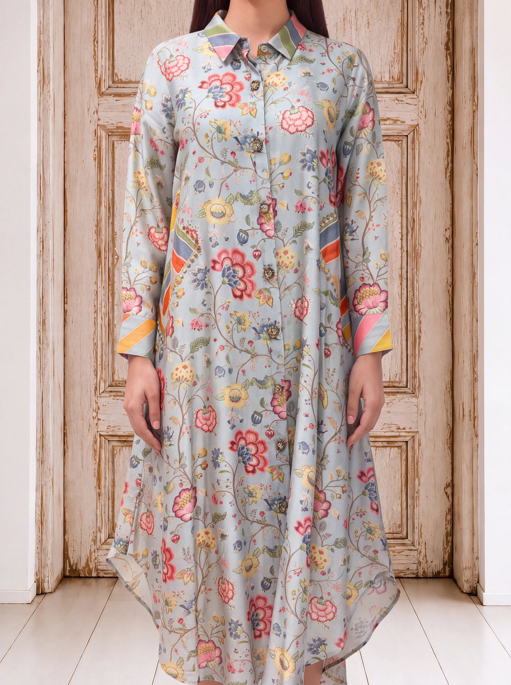 Powder blue chanderi khat embroidery dress