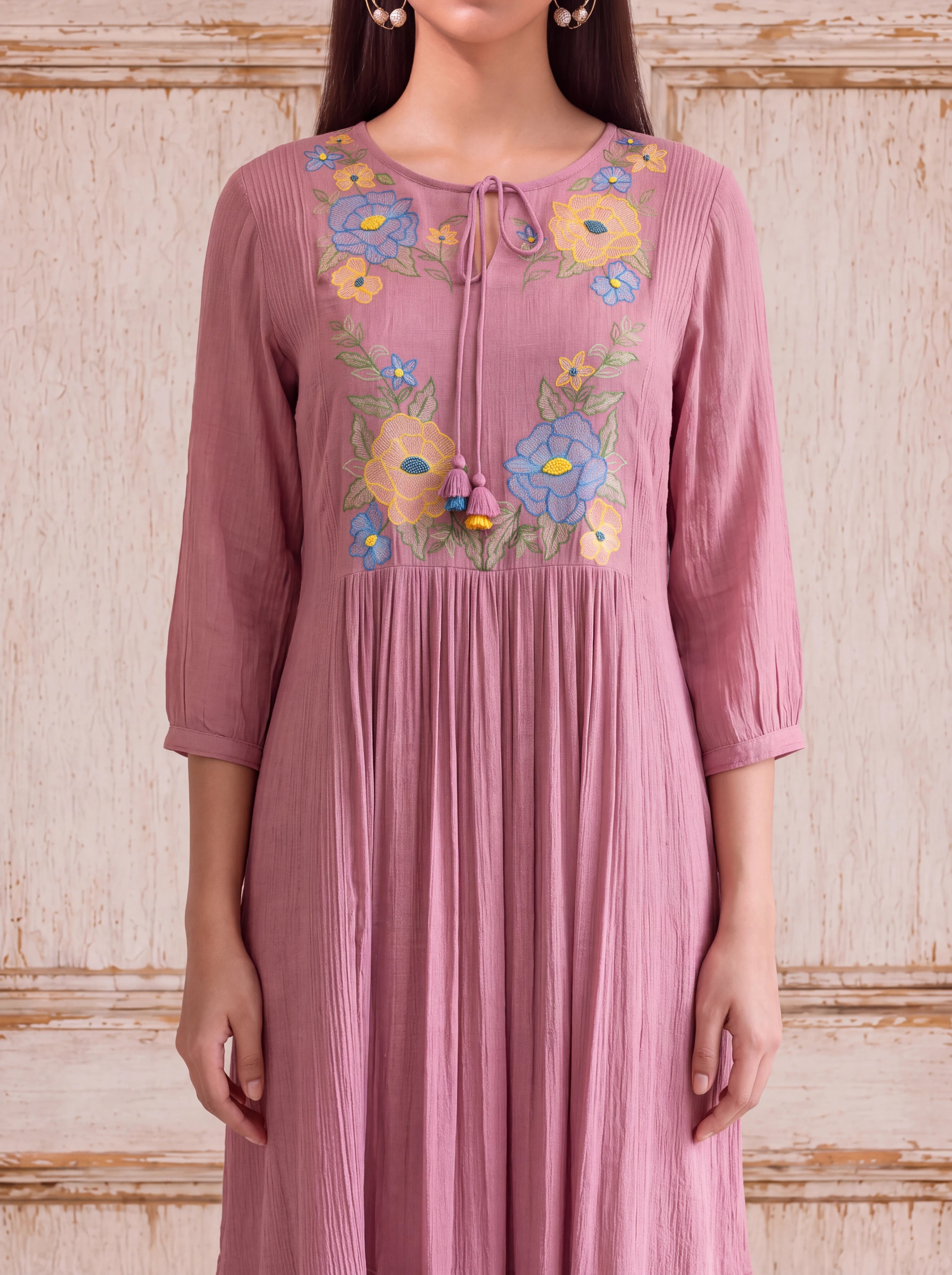 Peach viscose floral khat-embroidered tiered fusion dress Secondary image