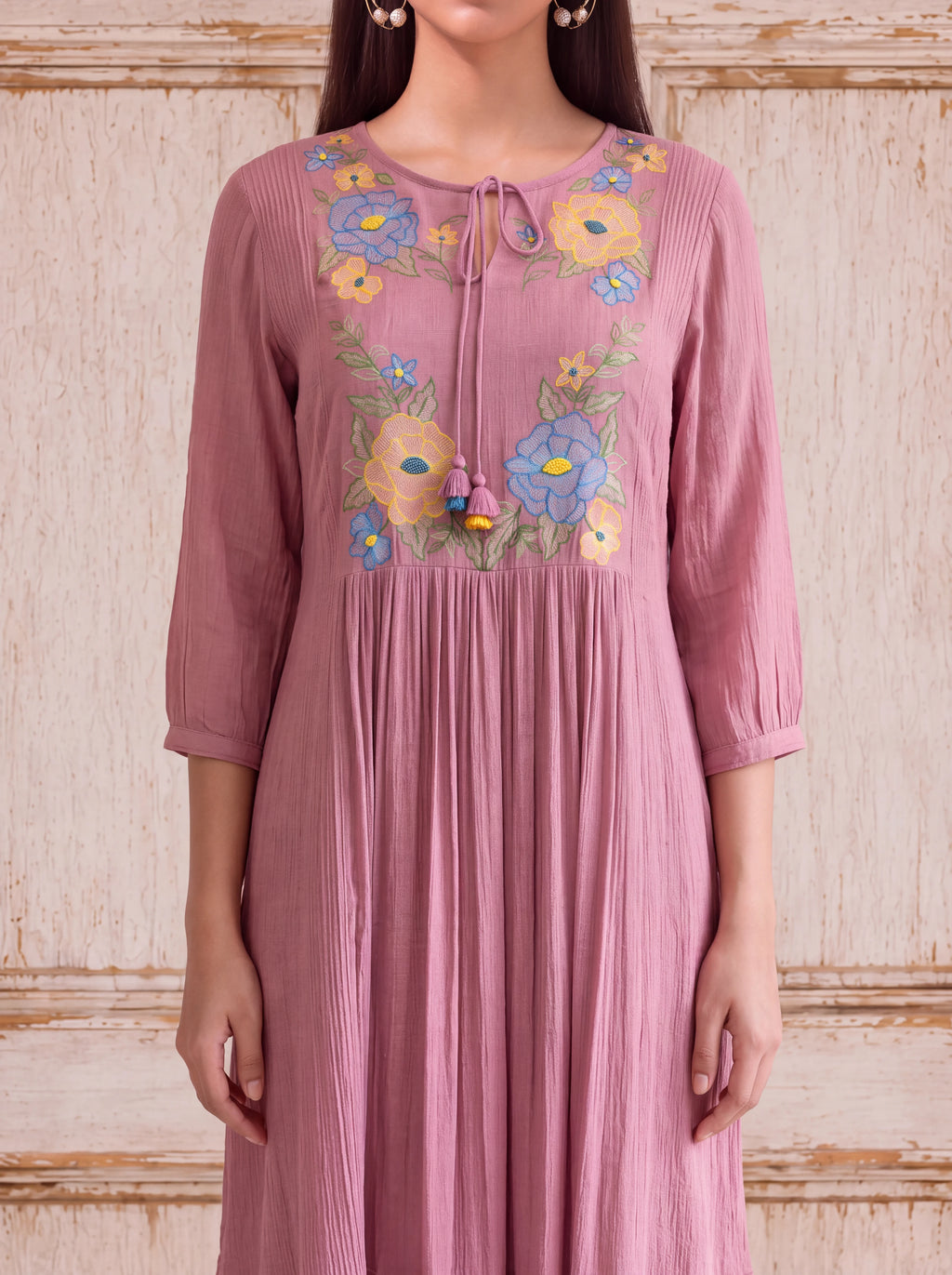 Peach viscose floral khat-embroidered tiered fusion dress