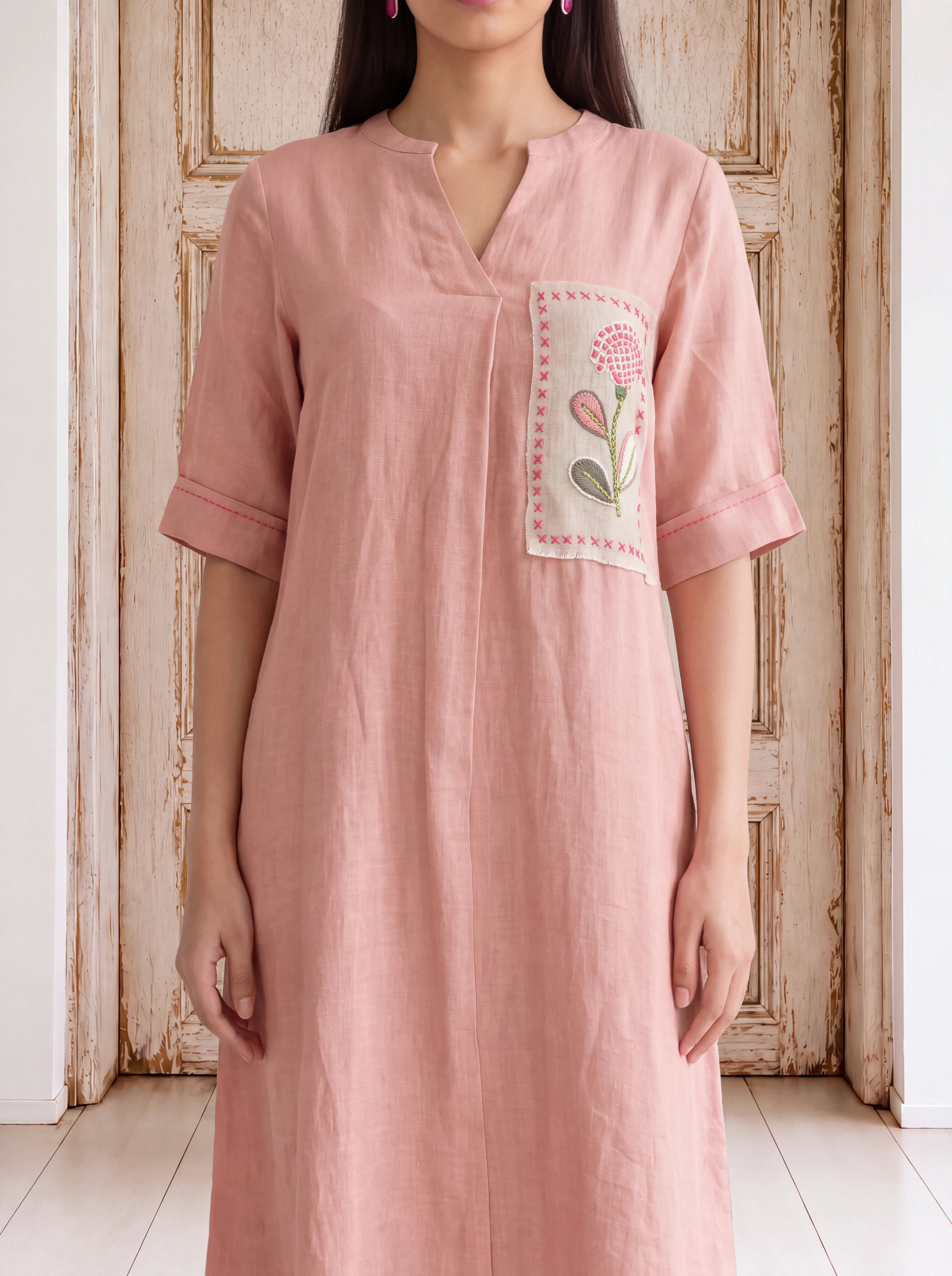 Blush-pink linen patchwork khat-embroidered fusion dress Secondary image