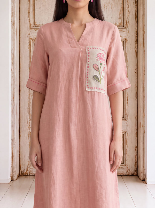 Blush-pink linen patchwork khat-embroidered fusion dress