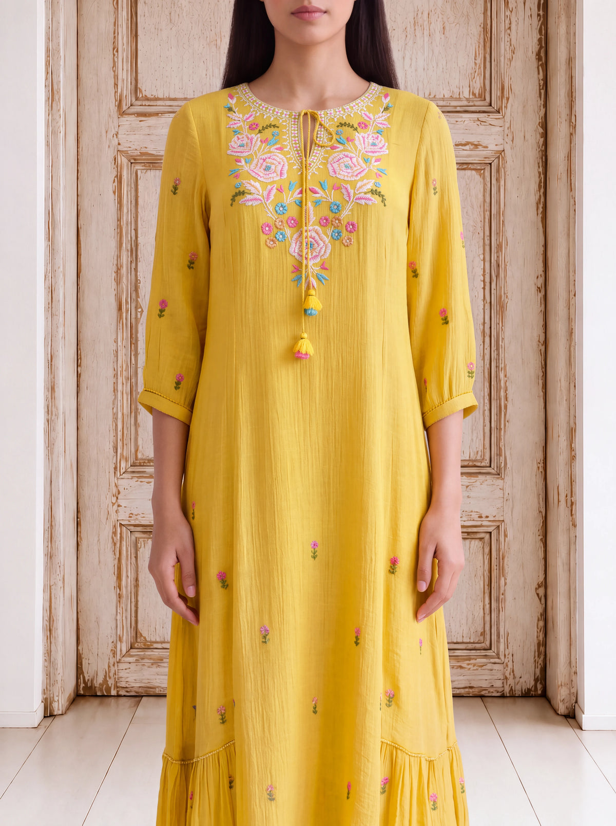 Yellow viscose machine-embroidered fusion dress