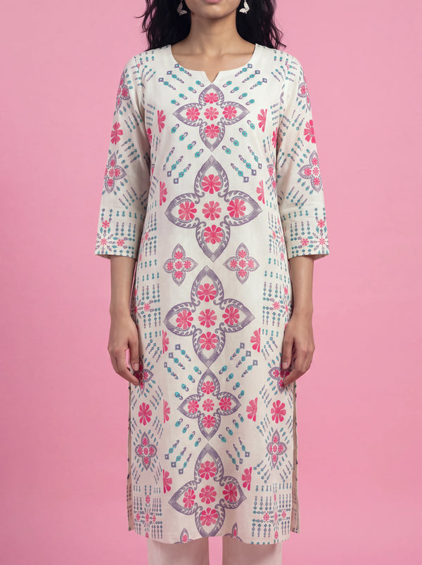 White printed cotton kurta set
