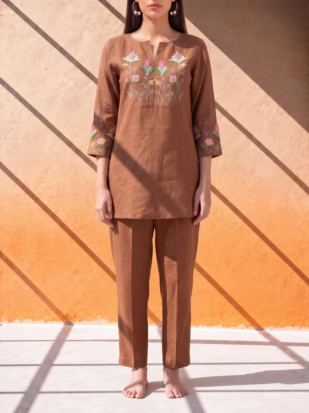 Brown pure linen coordinate set with floral organza patch embroidery