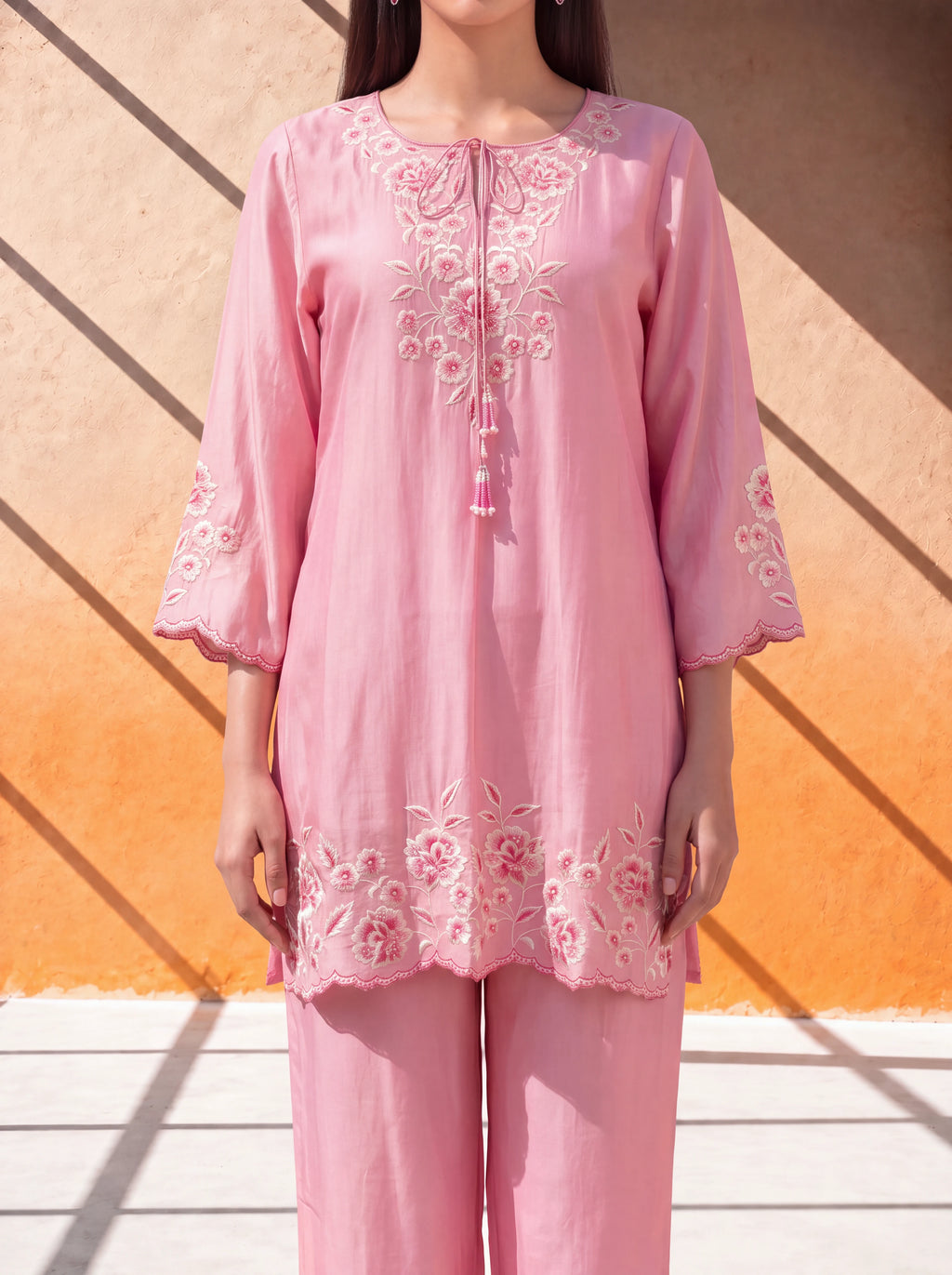Blush-pink chanderi coordinate set with floral khat embroidery and scalloped detailing