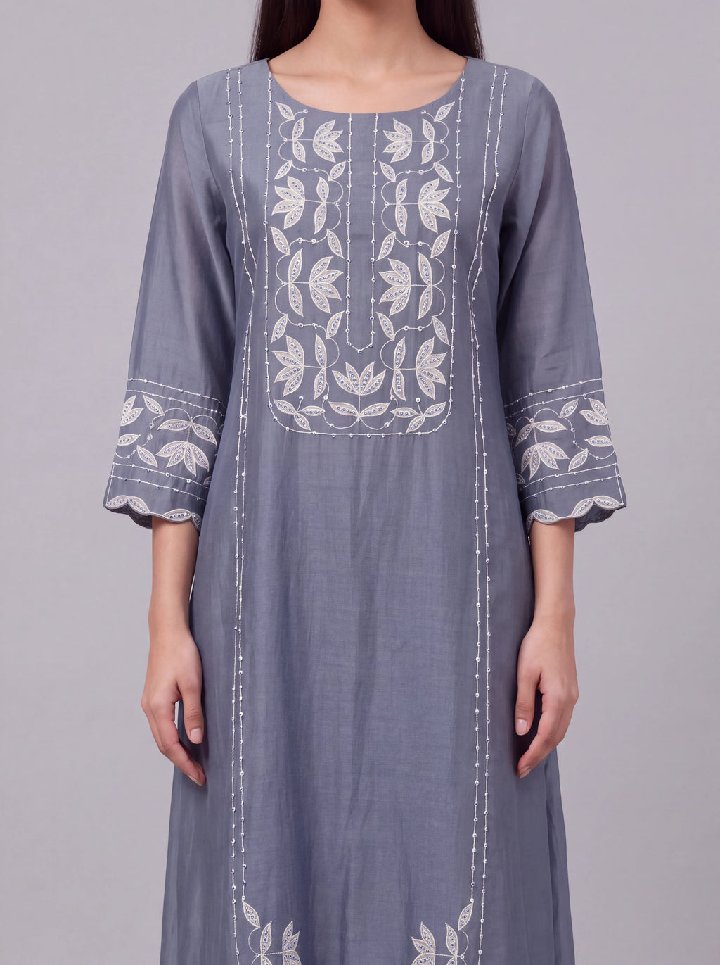 State blue chanderi patch work and sequins embroidery kurta set