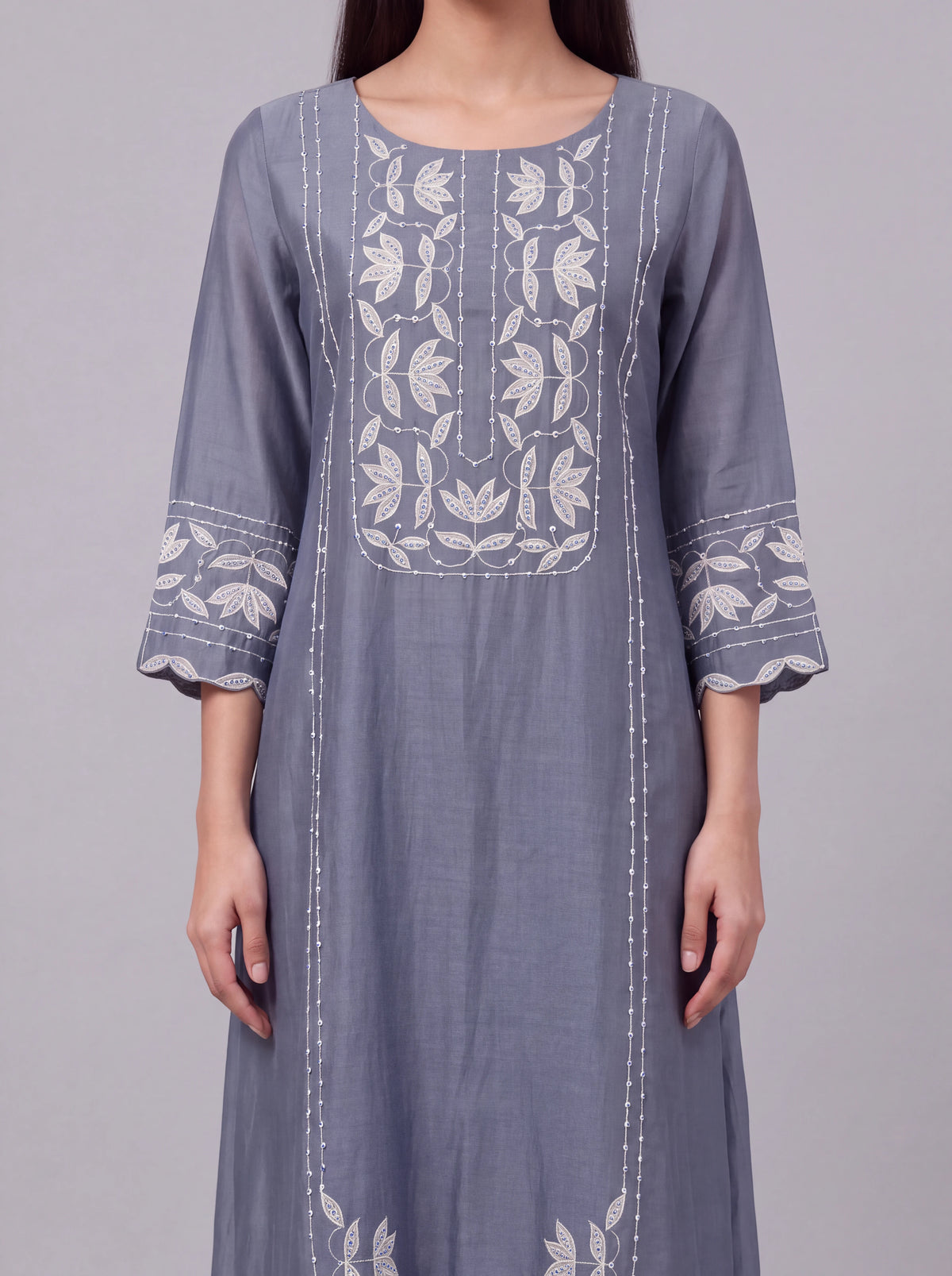 State blue chanderi patch work and sequins embroidery kurta set