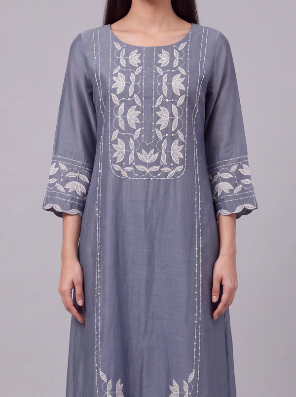 State blue chanderi patch work and sequins embroidery kurta set