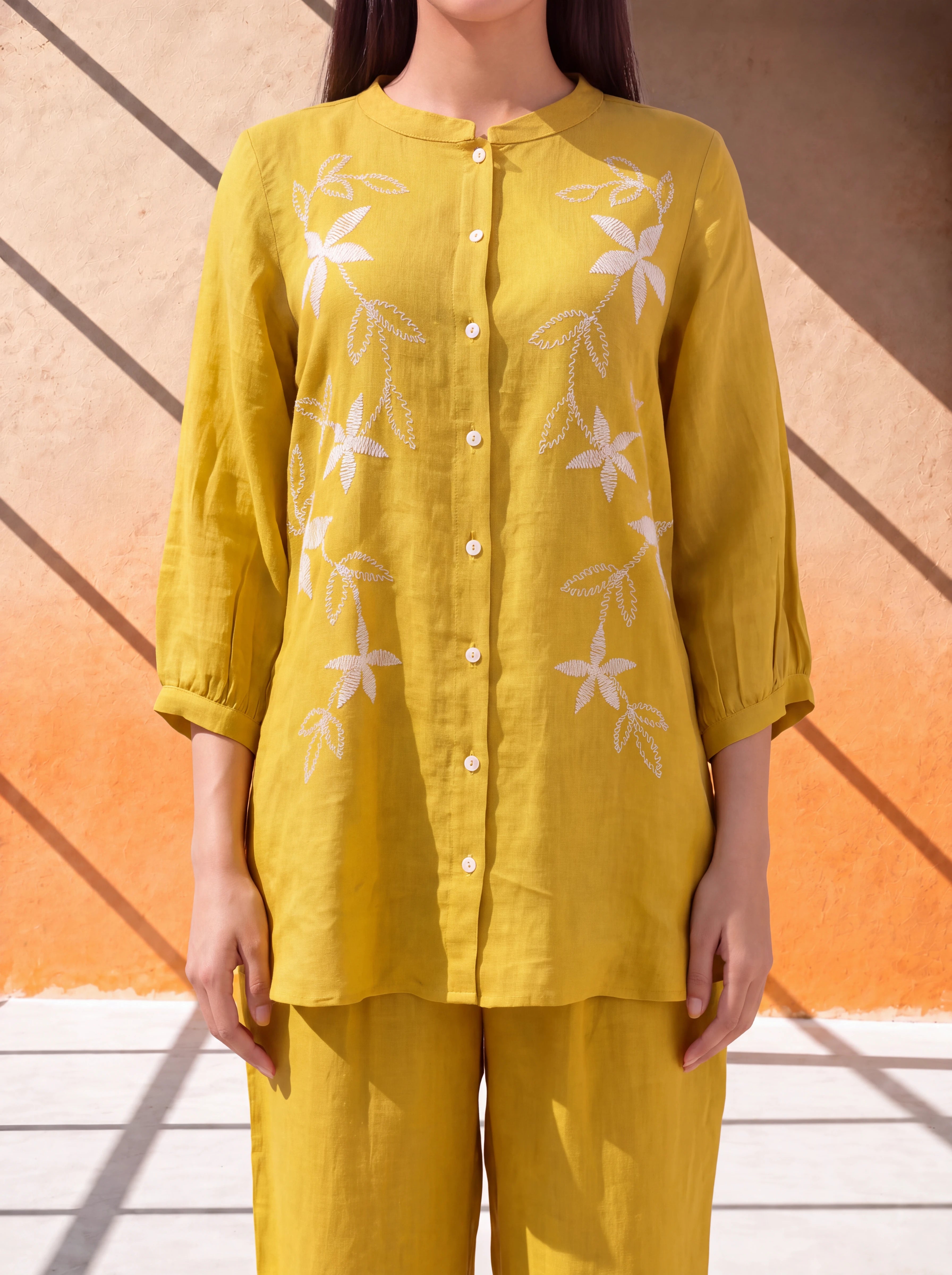 Mustard gauze linen coordinate set with machine embroidery Secondary image