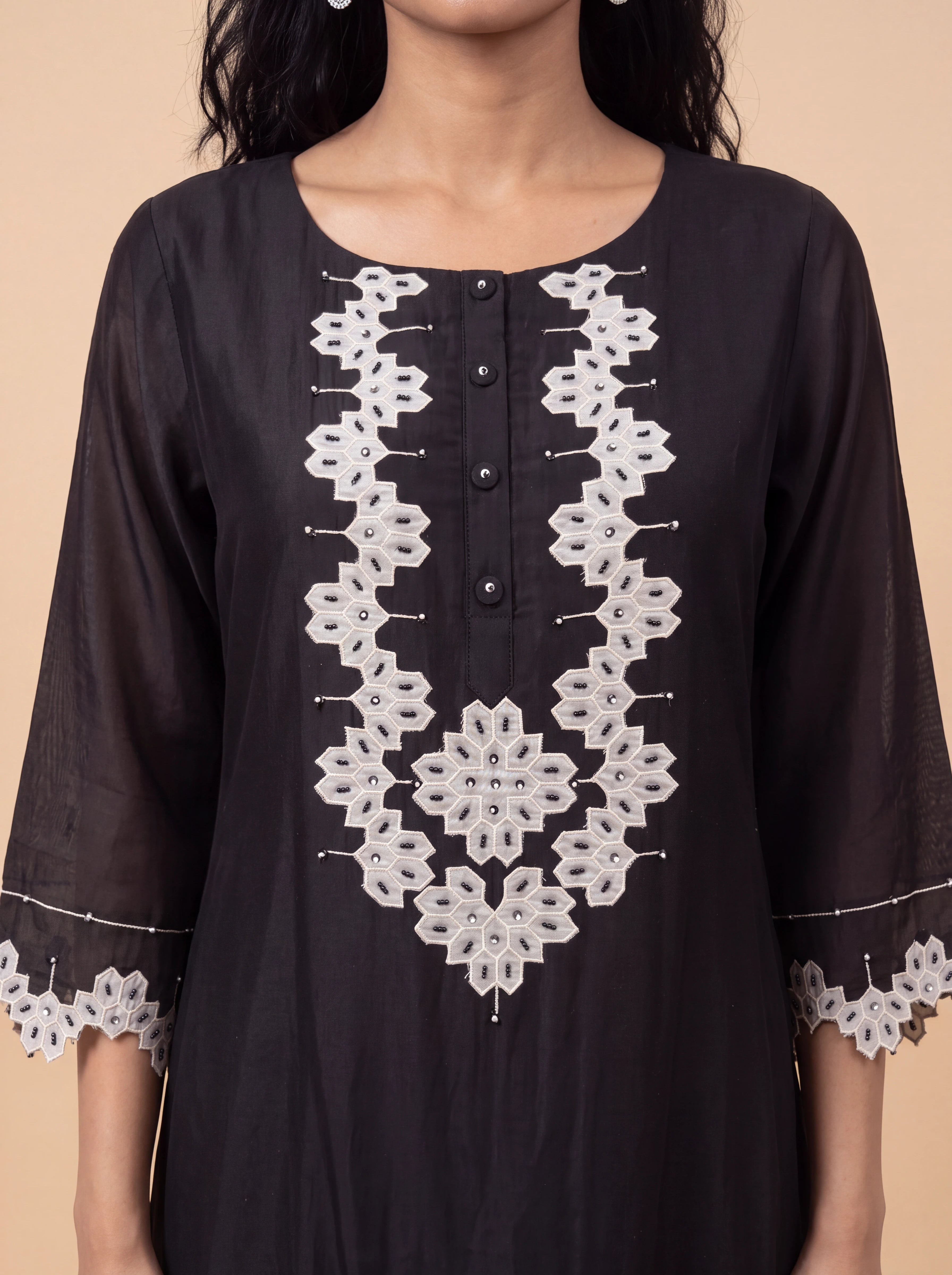 Black chanderi patch work and sequins embroidery kurta set Secondary image
