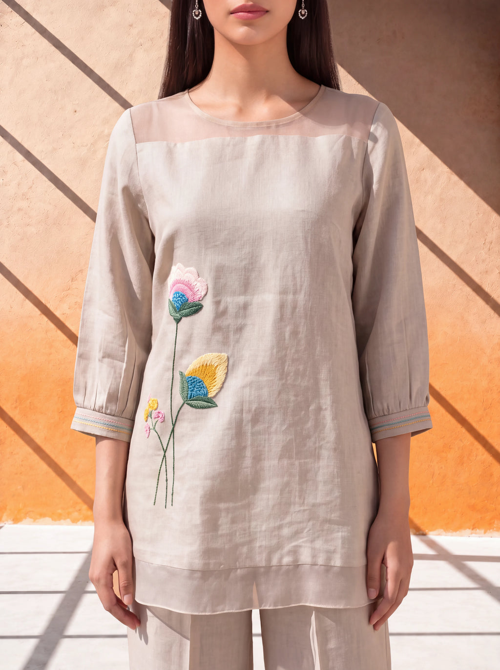 Natural beige linen coordinate set with floral embroidery and organza detailing