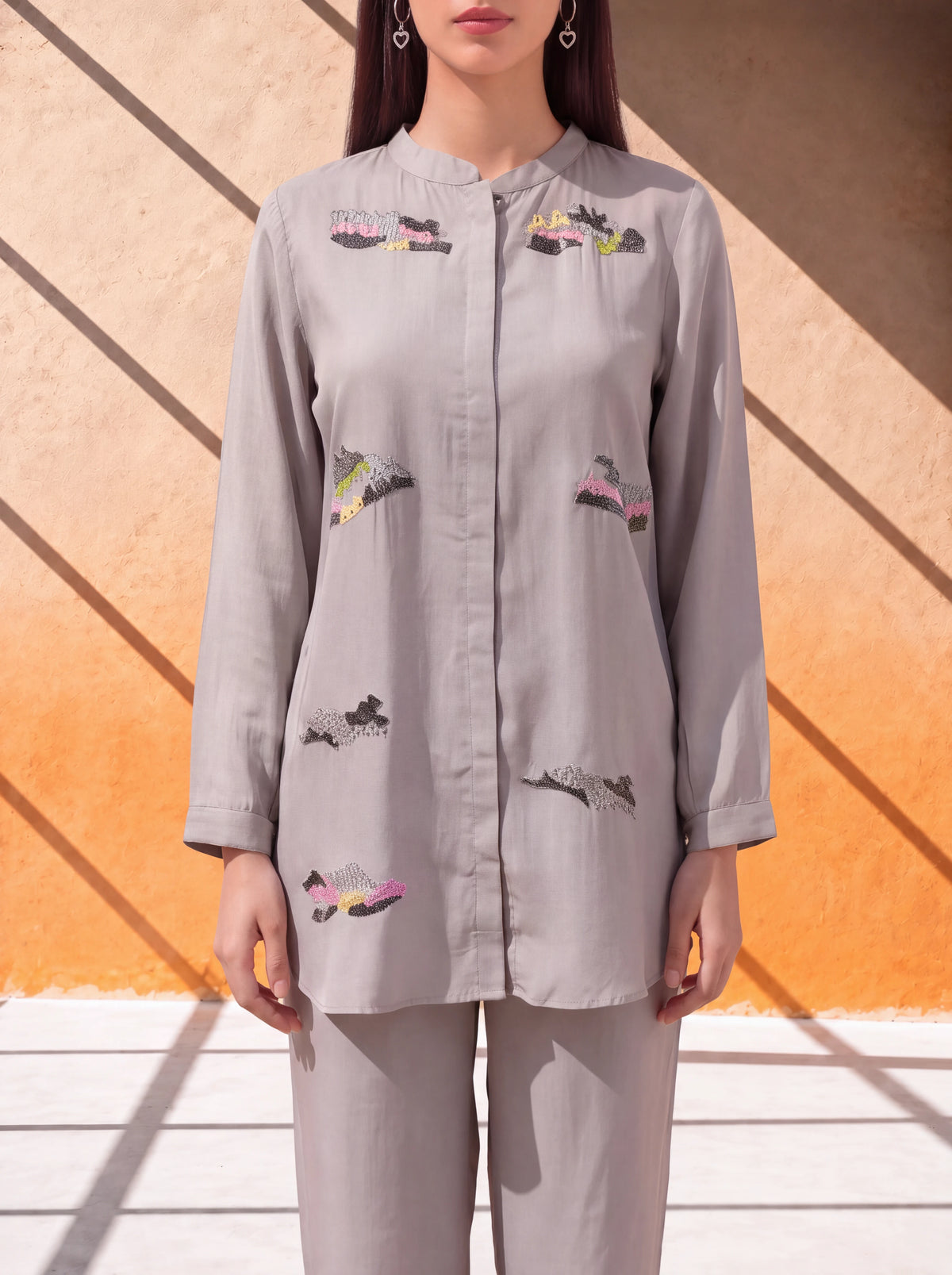 Grey modal coordinate set with multicoloured khat embroidery