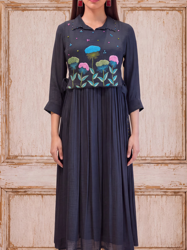 Black viscose khat-embroidered layered coat-style fusion dress