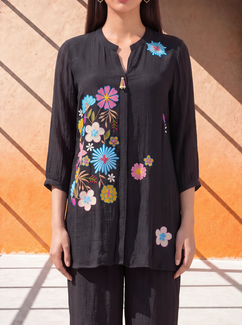 Black viscose coordinate set with colourful floral khat embroidery