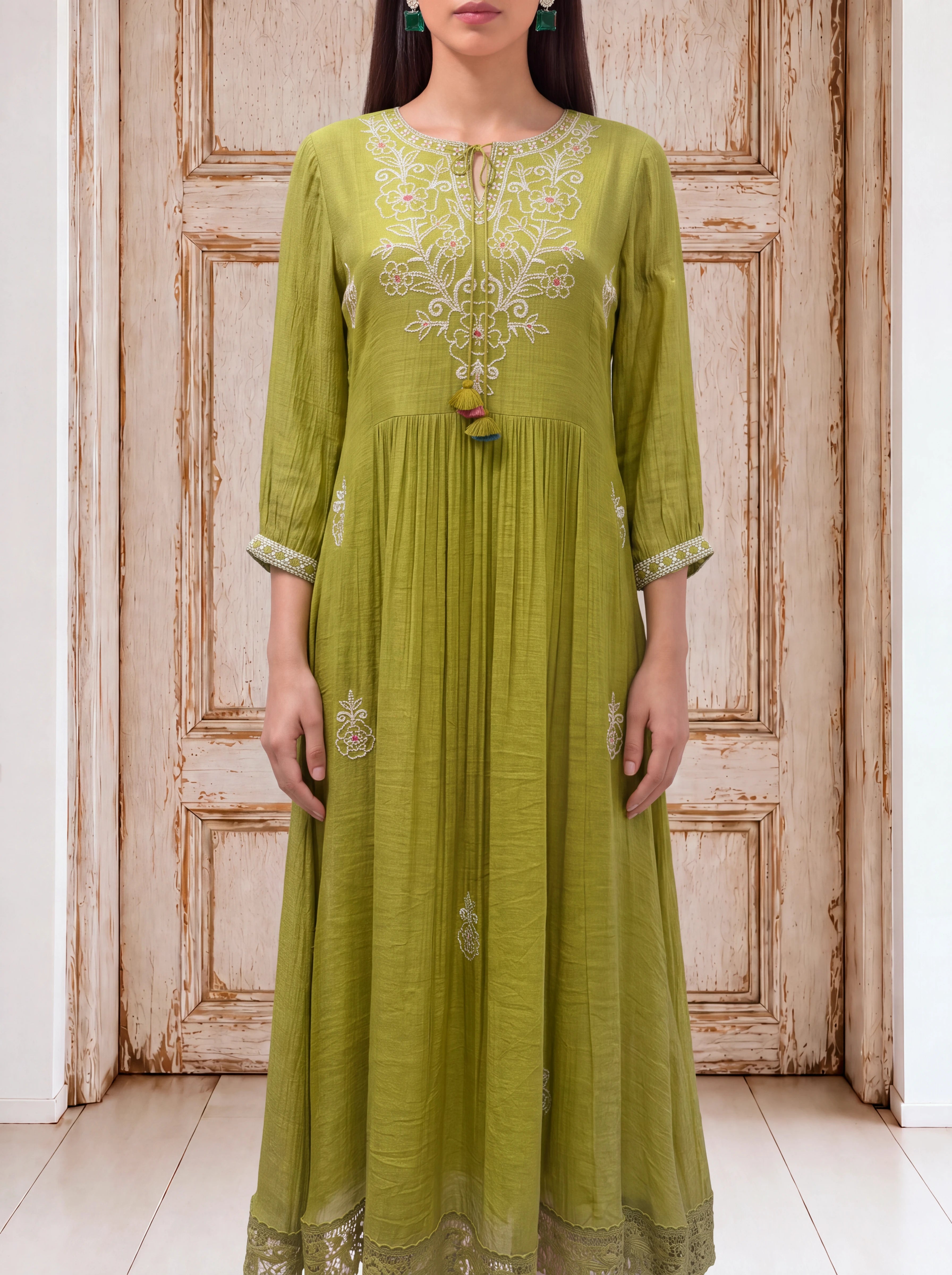 Olive viscose embroidered and lace-detailed fusion dress Secondary image