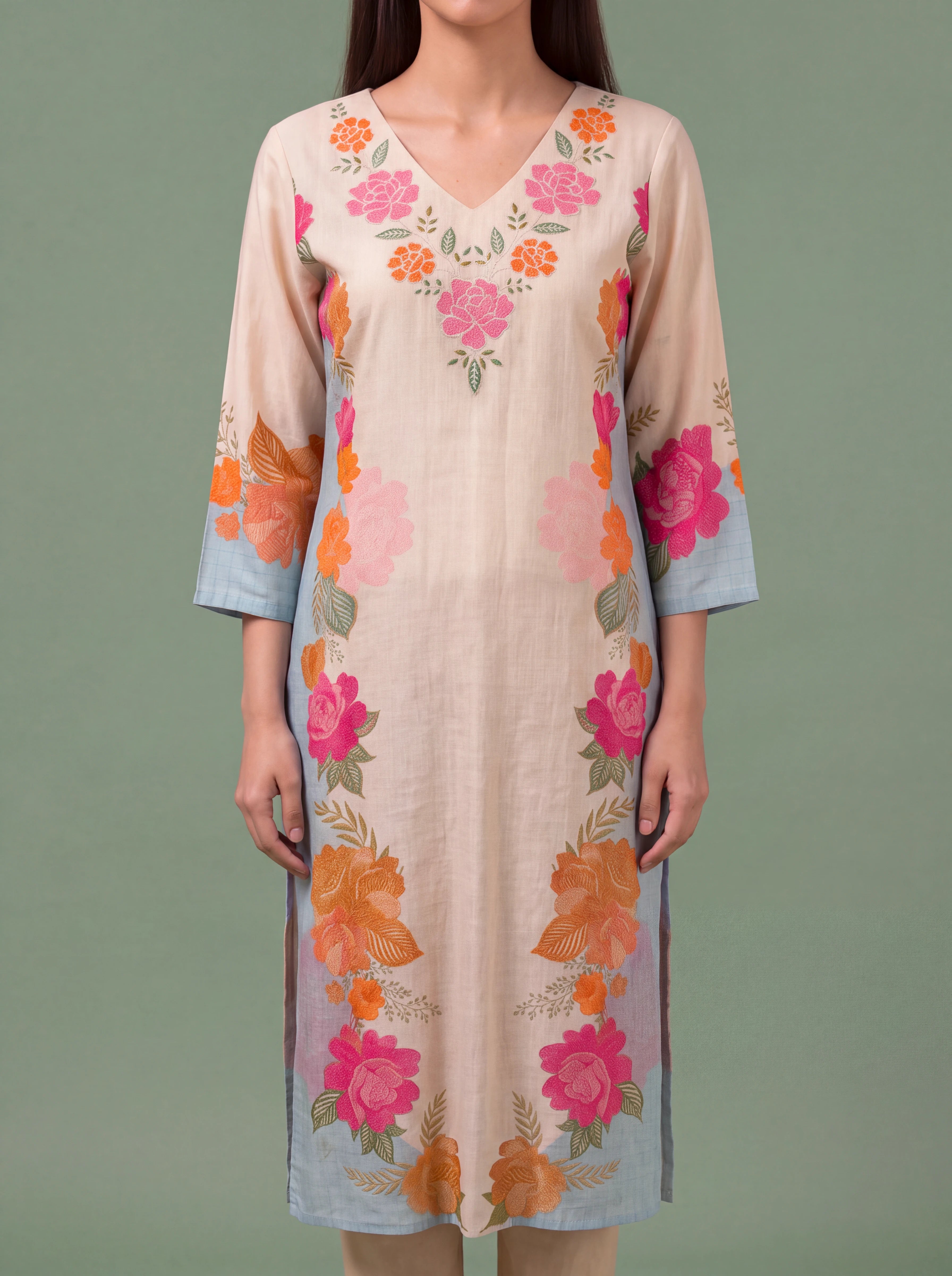 Ivory cotton kurta set with floral print and machine embroidery Secondary image