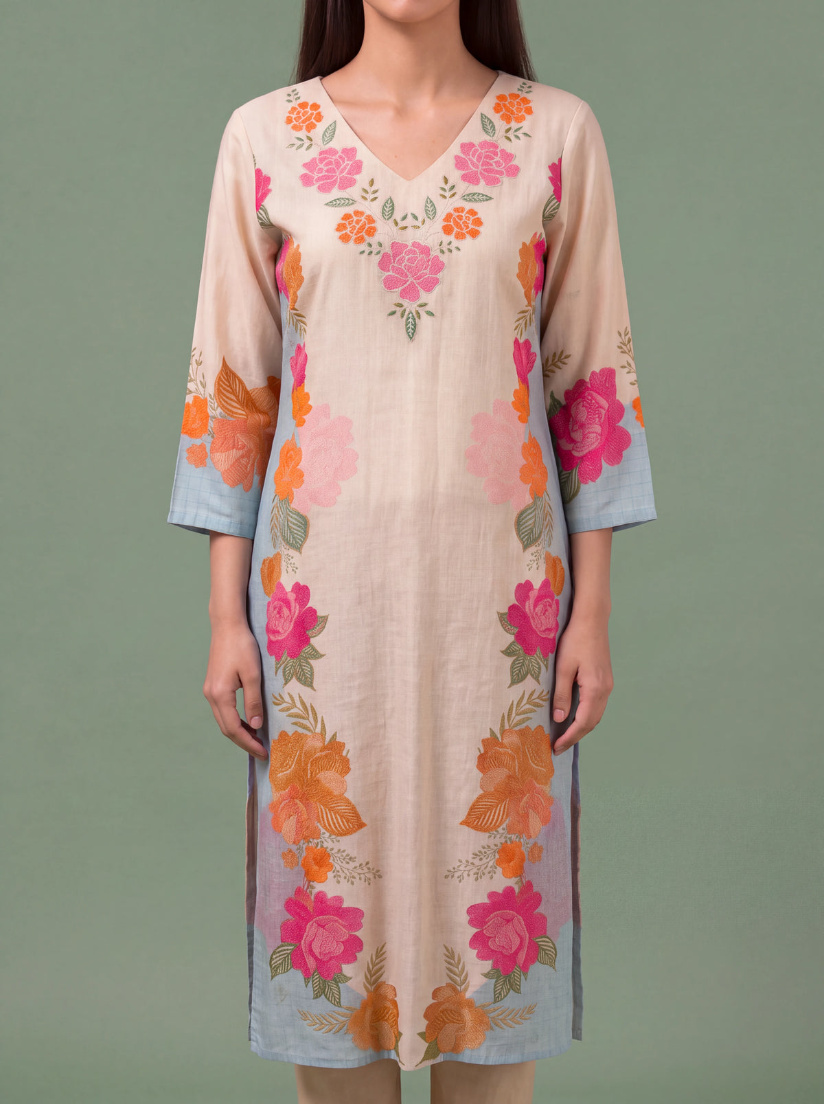 Ivory cotton kurta set with floral print and machine embroidery