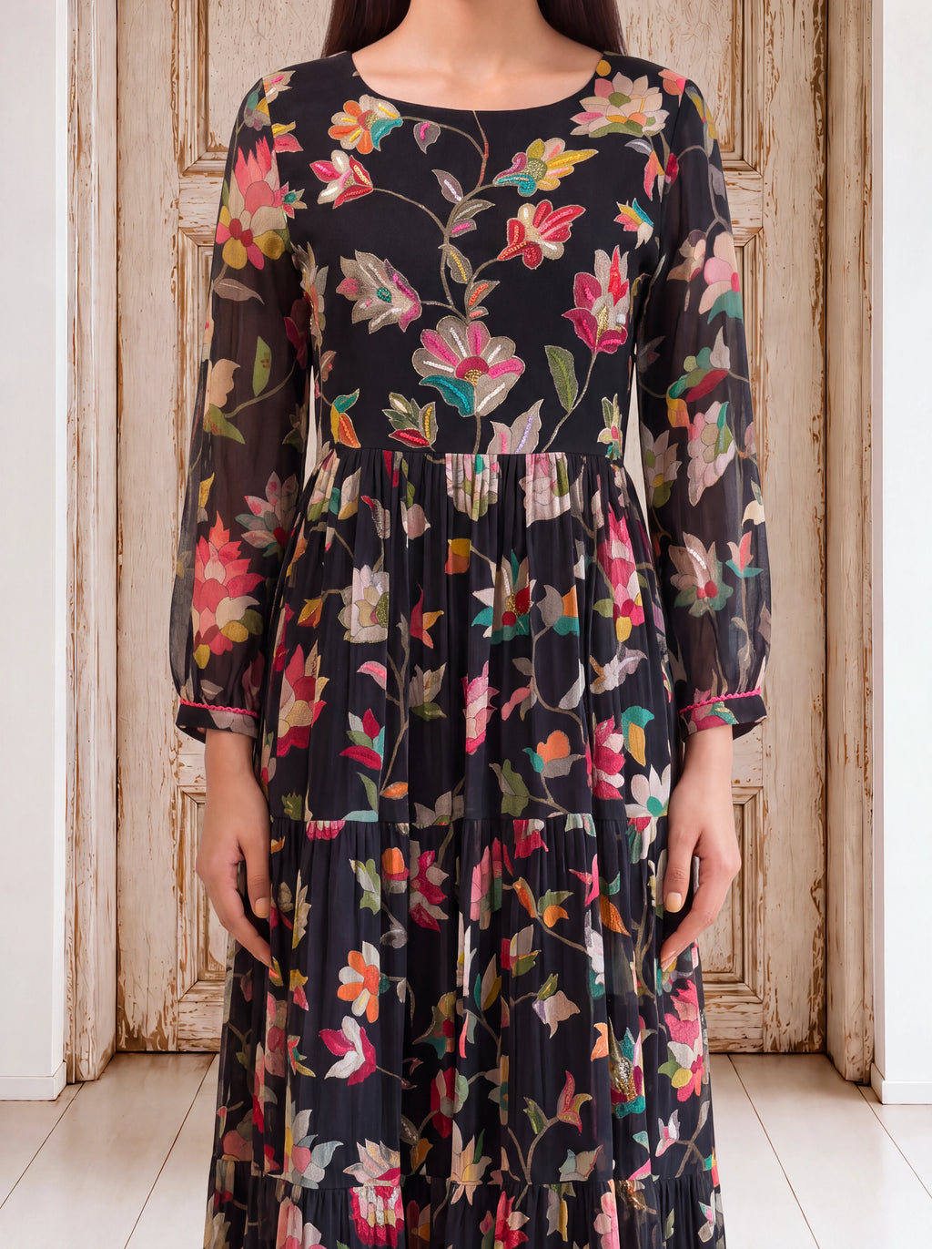 Black georgette floral khat-embroidered tiered fusion dress