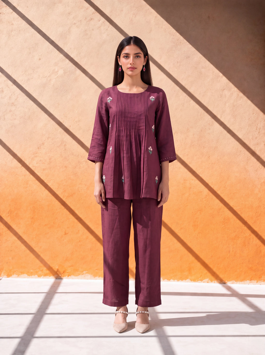 Wine linen coordinate set with khat, French knot and hand embroidery