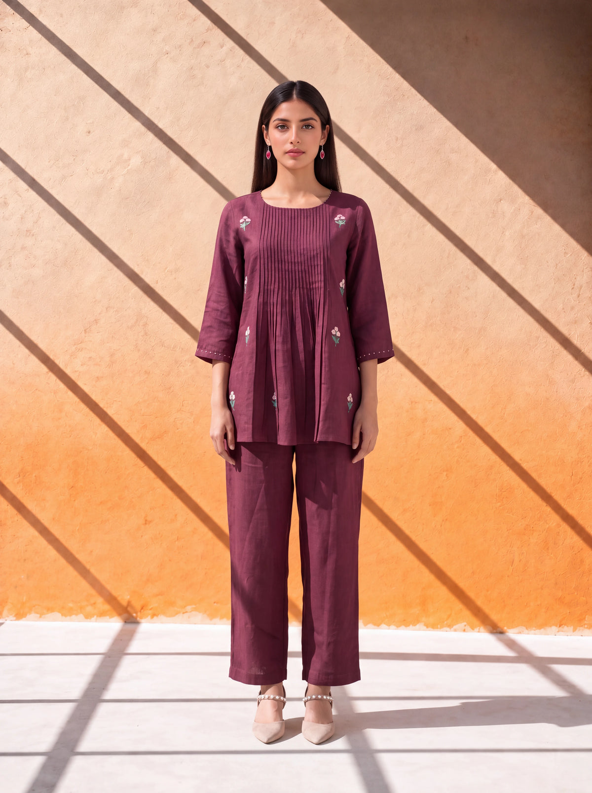 Wine linen coordinate set with khat, French knot and hand embroidery Main image