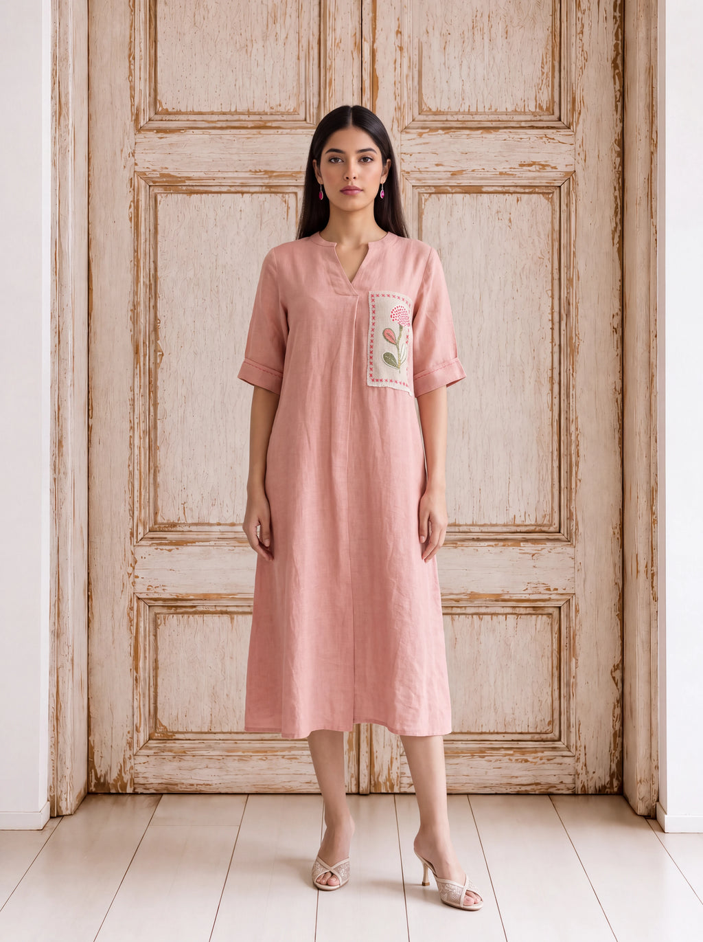 Blush-pink linen patchwork khat-embroidered fusion dress