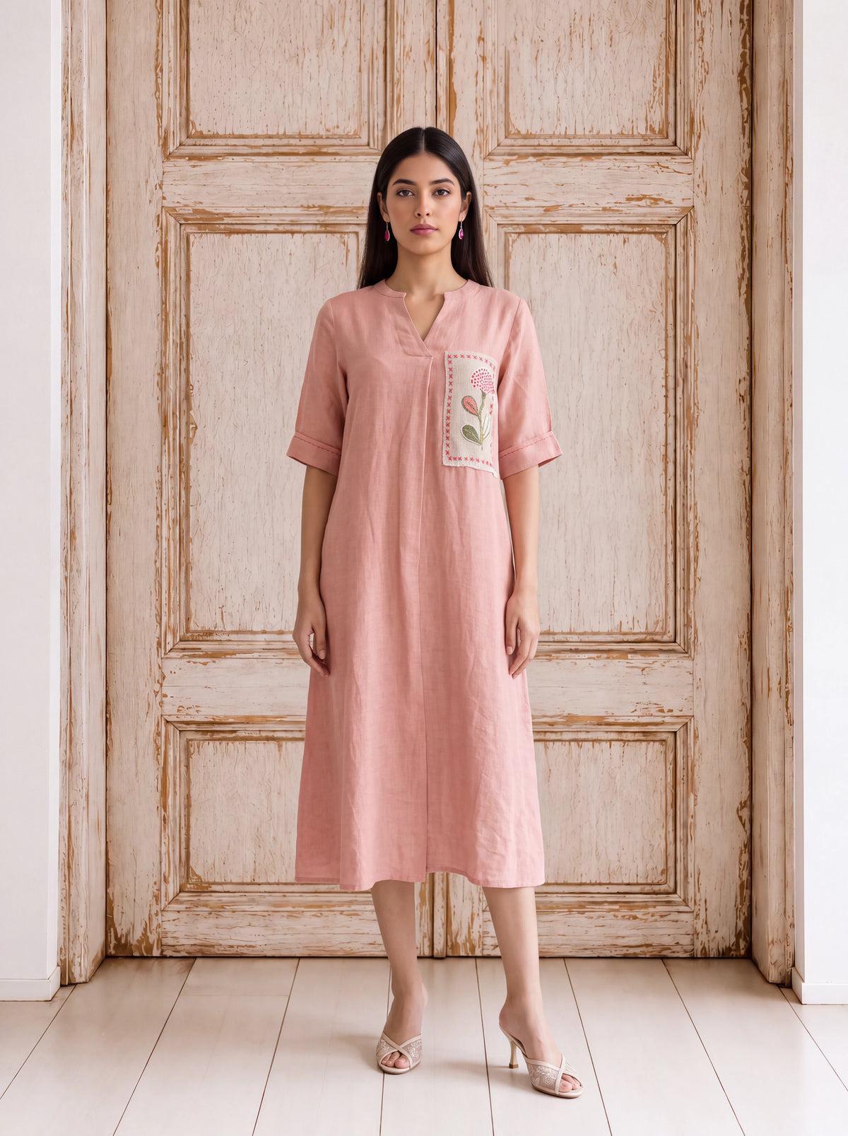 Blush-pink linen patchwork khat-embroidered fusion dress