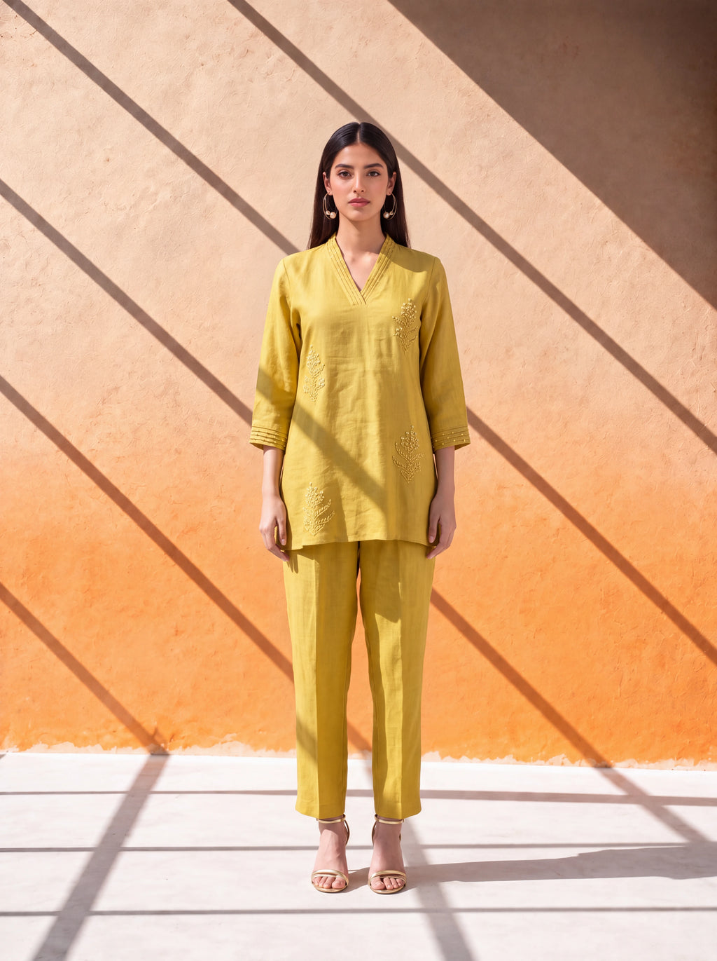 Mustard pure linen coordinate set with French knot embroidery and handwork