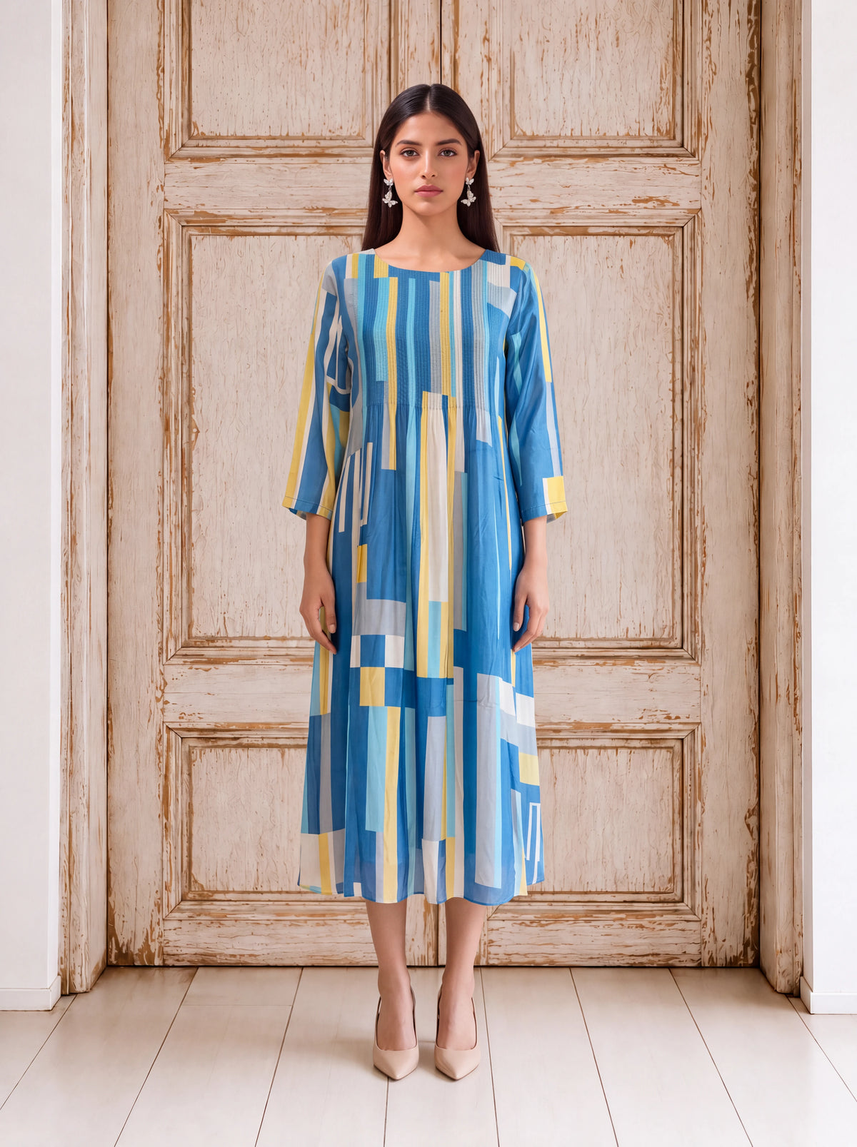 Blue crepe abstract geometric pleated fusion dress