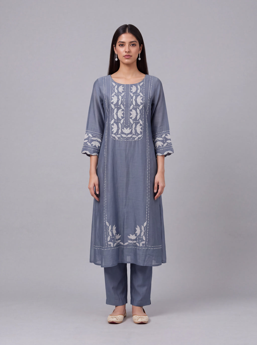 State blue chanderi patch work and sequins embroidery kurta set