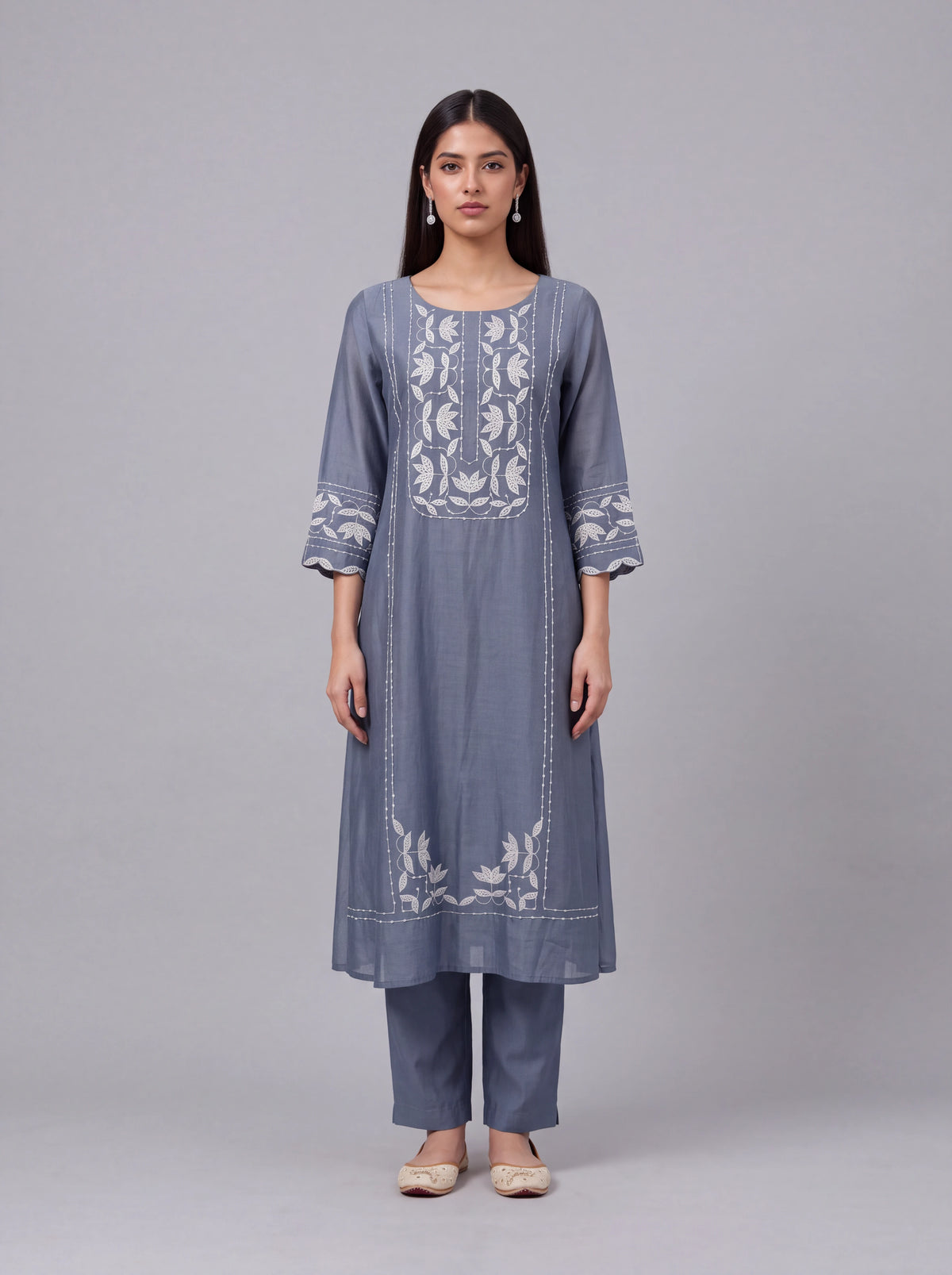 State blue chanderi patch work and sequins embroidery kurta set Main image