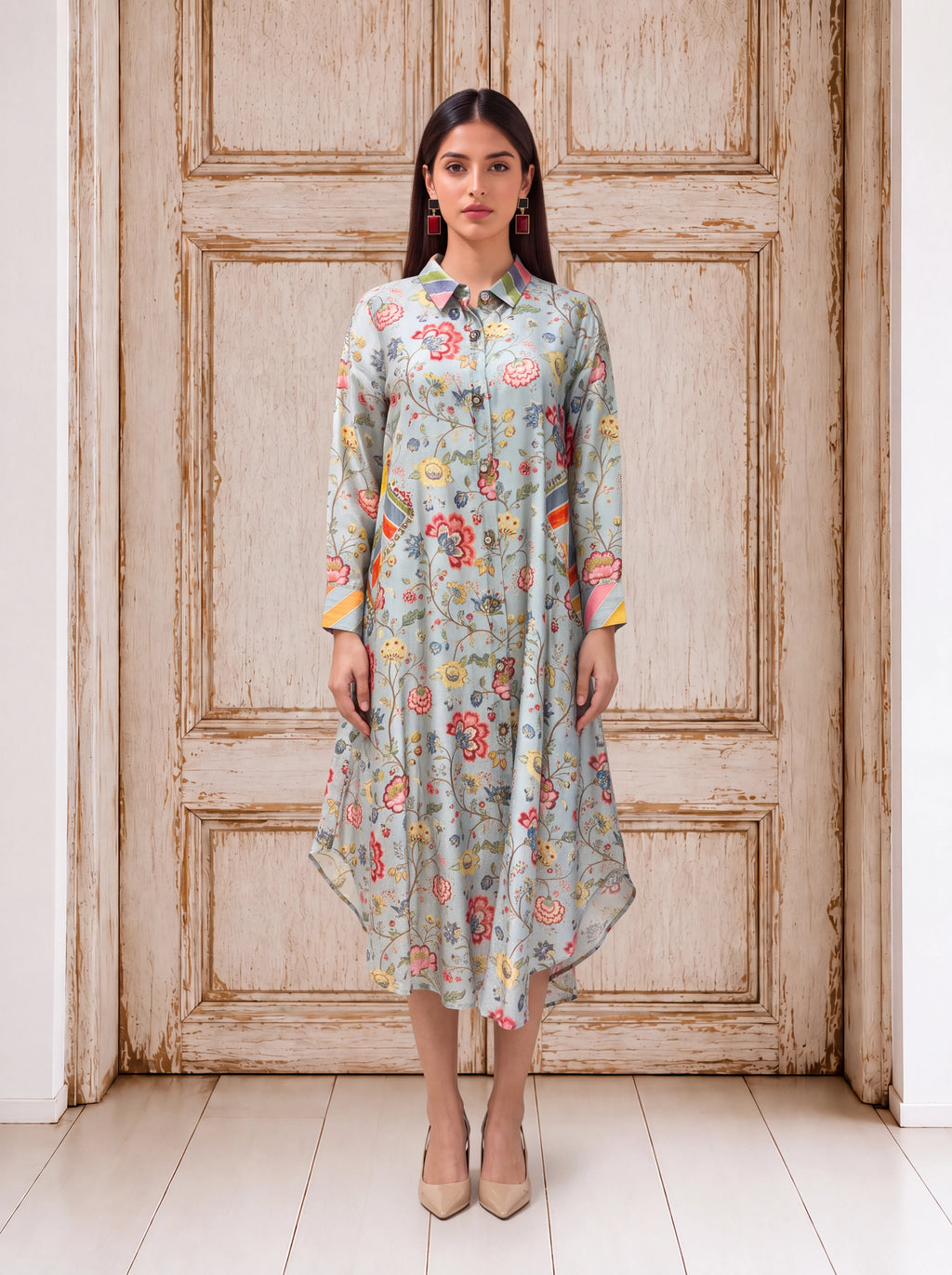 Powder blue chanderi khat embroidery dress