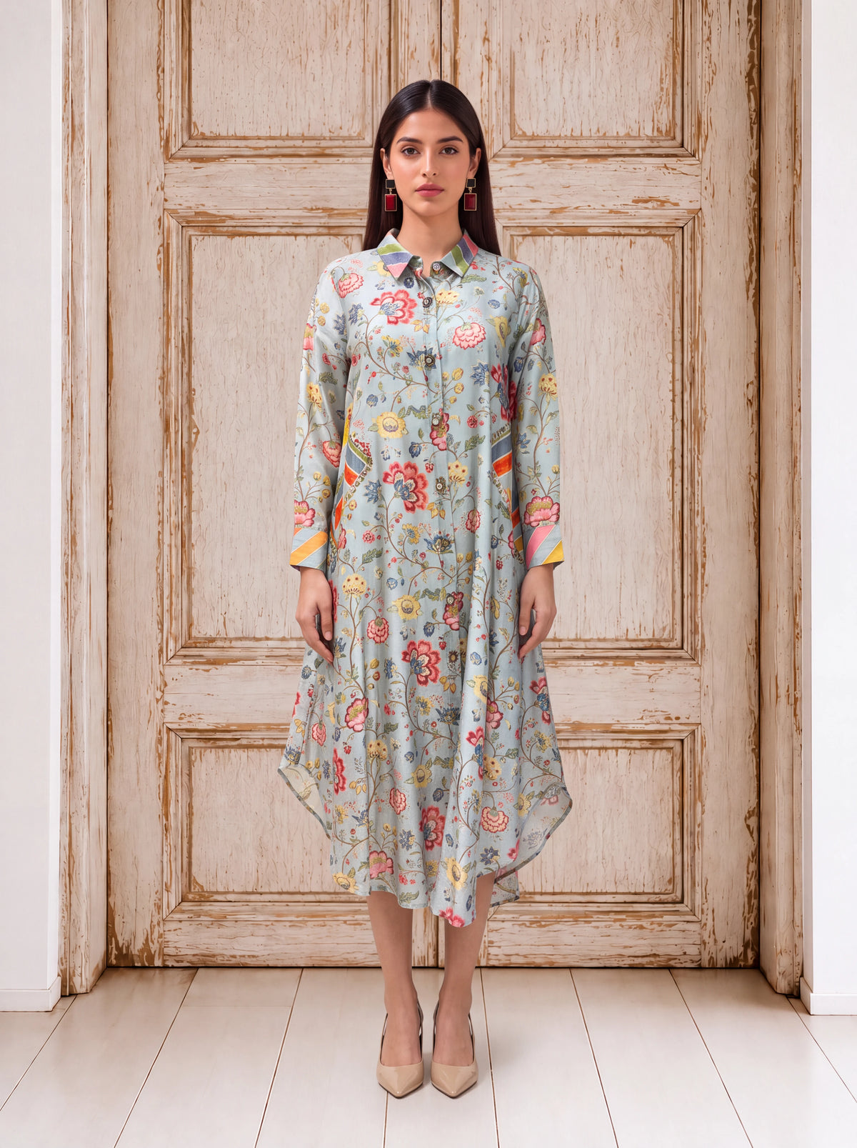 Powder blue chanderi khat embroidery dress