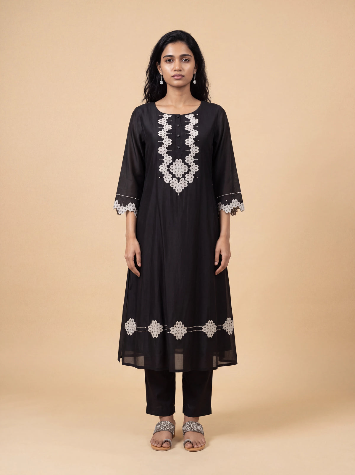 Black chanderi patch work and sequins embroidery kurta set Main image
