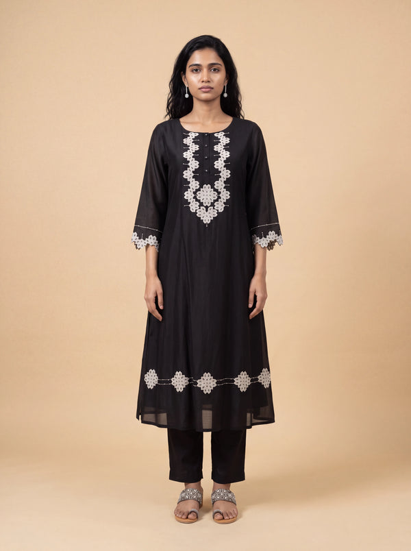 Black chanderi patch work and sequins embroidery kurta set