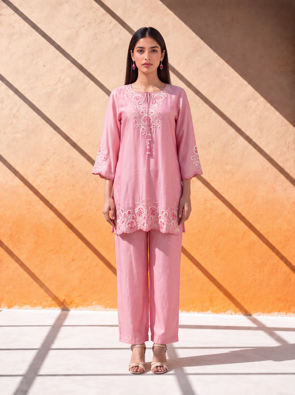 Blush-pink chanderi coordinate set with floral khat embroidery and scalloped detailing