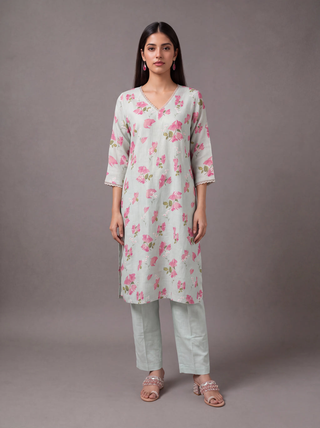 Mint linen thread embroidery kurta set