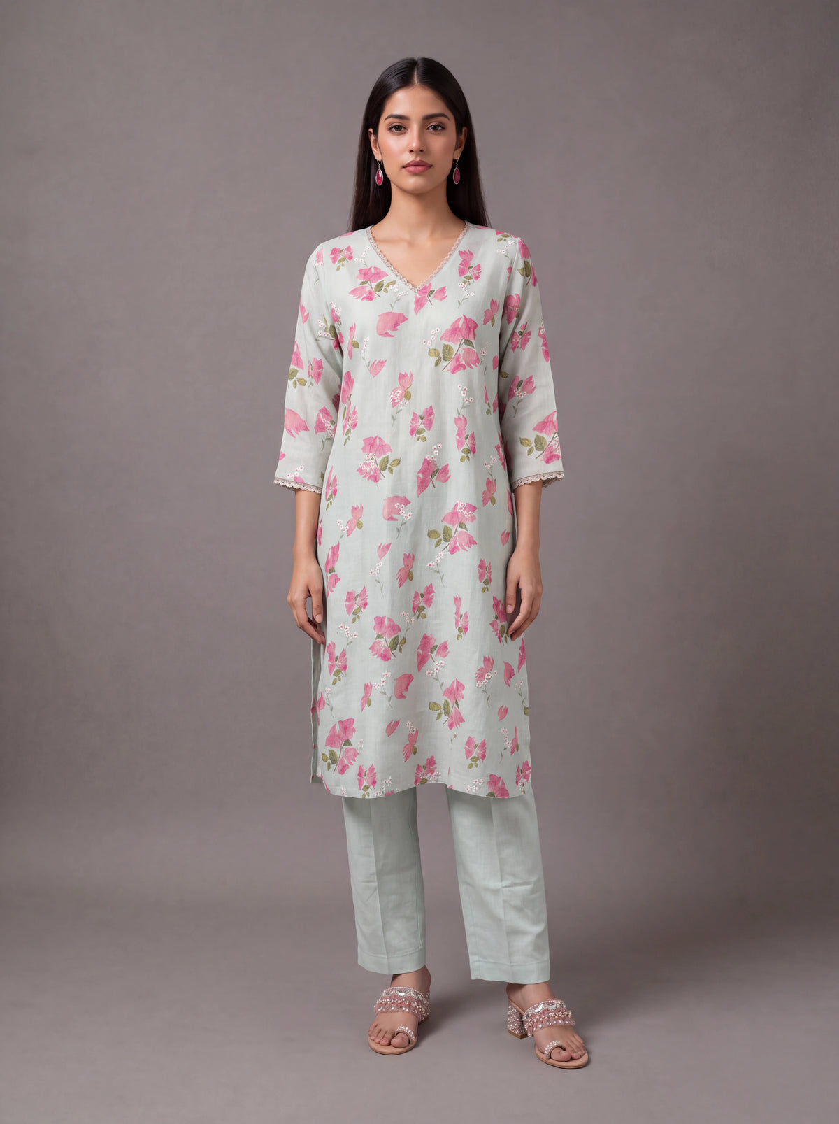 Mint linen thread embroidery kurta set Main image