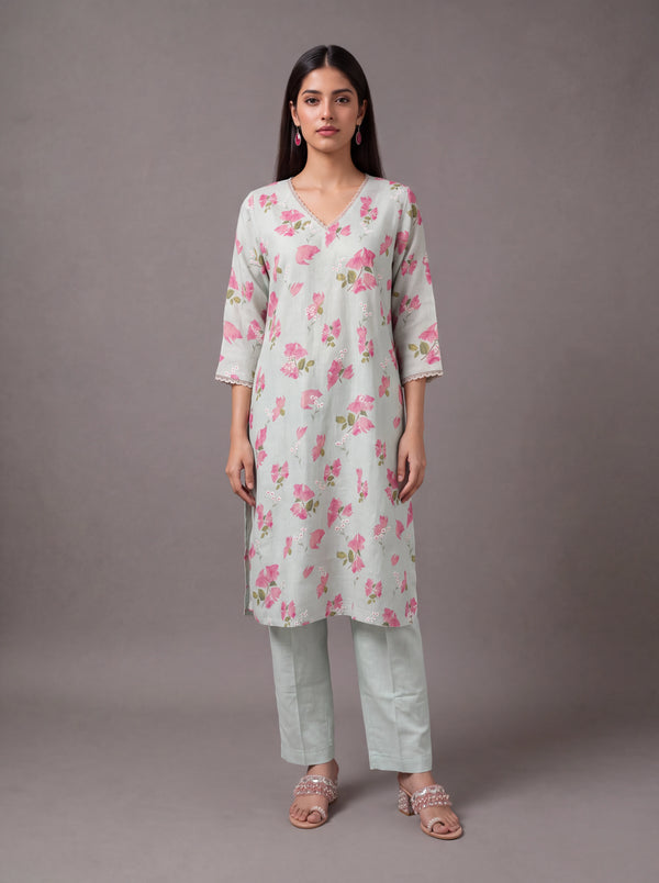 Mint linen thread embroidery kurta set